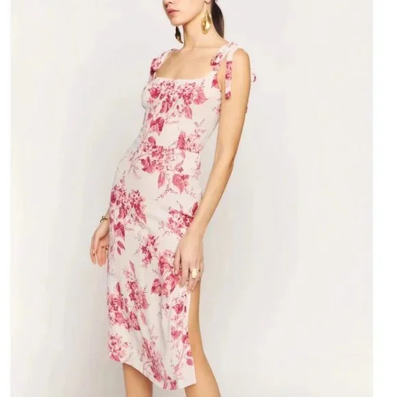 NWT Reformation Besse Midi Floral Dress Sz0/2 Paris Red Pink Floral